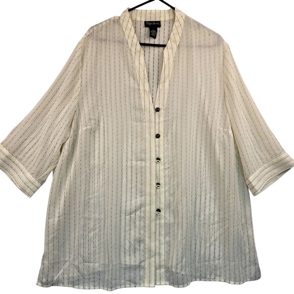 Maggie Barnes Womens Plus Size 2X White Striped Button-Up Blouse Flowy Sheer - Picture 1 of 8